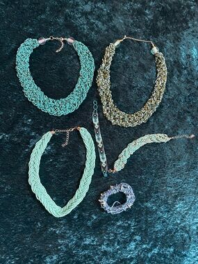 Handcrafted Beaded Necklace and Bracelet Lot - Turquoise, Blue and Gold